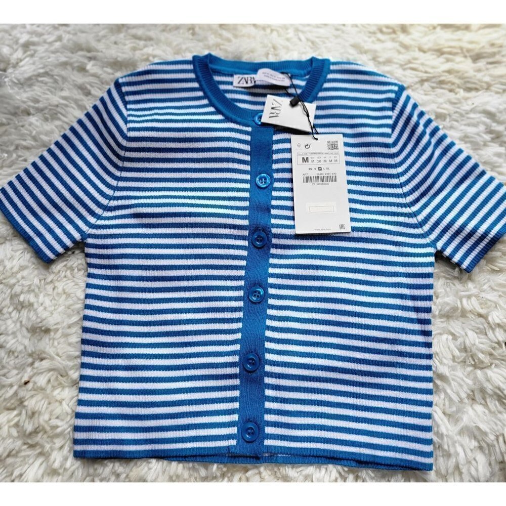 ZARA Cropped Blue Striped Sweater Knit Short Sleeve T-shirt Tee Top Size Medium - Picture 3 of 10